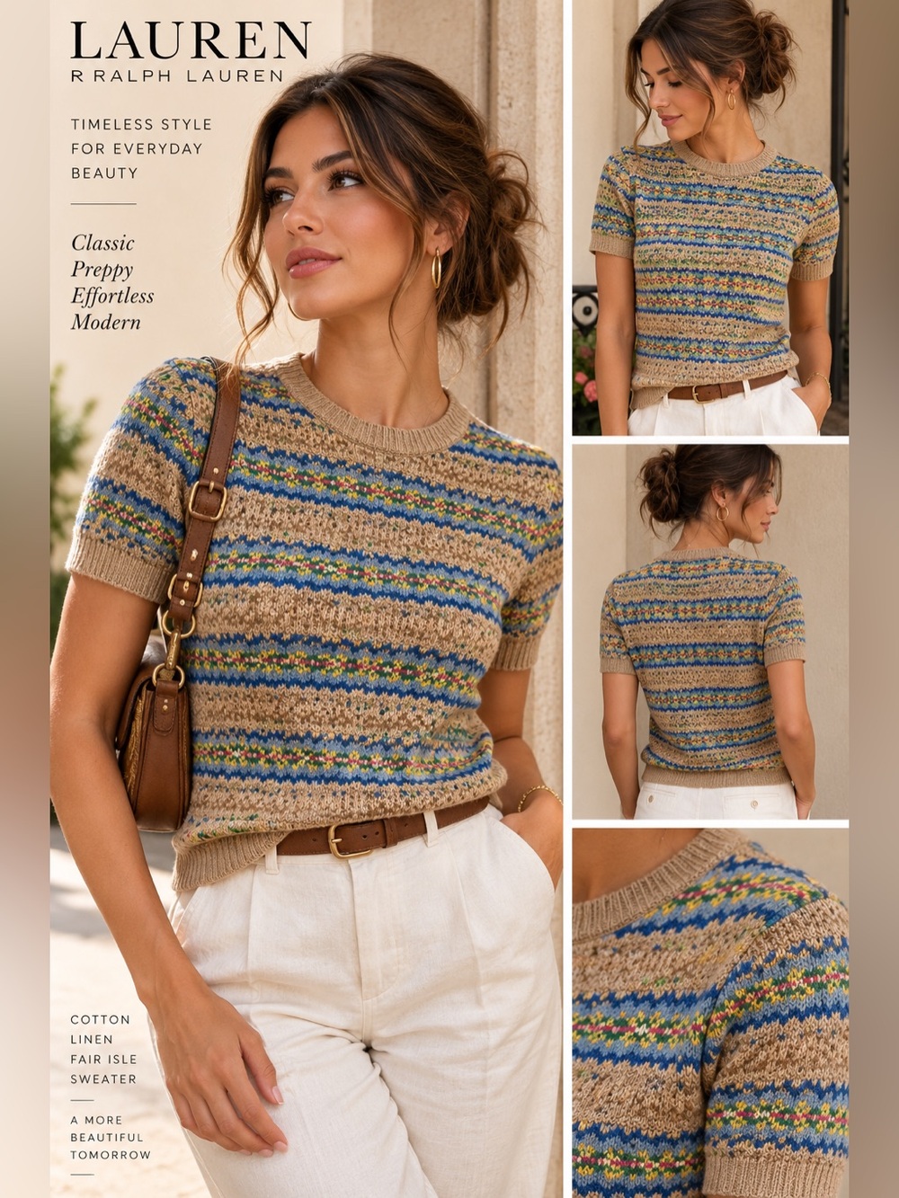 Lauren Ralph Lauren Fair Isle Cotton Linen Short Sleeve Sweater Multicolor PS